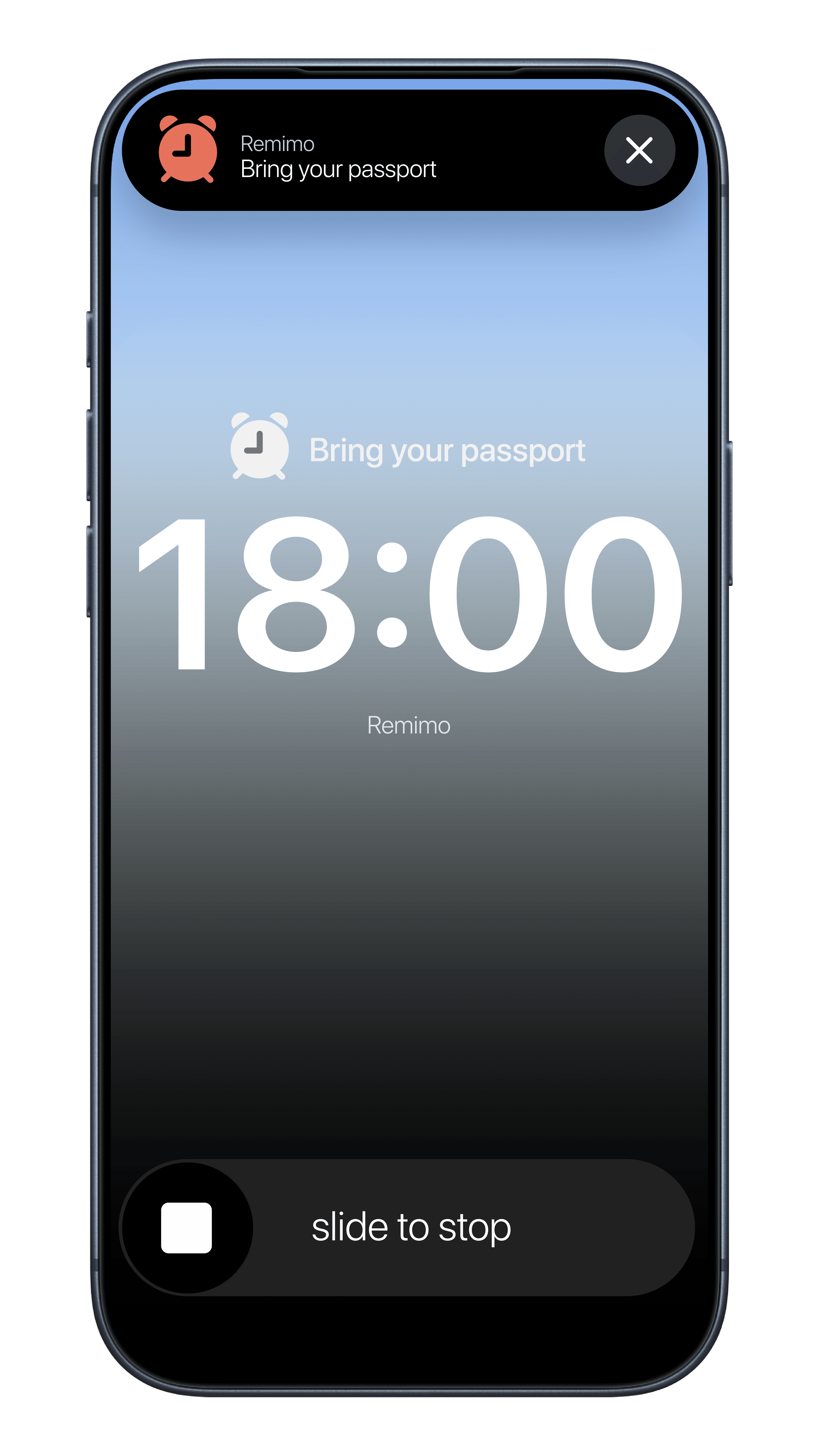 John receives a full-screen Remimo alarm to bring his passport