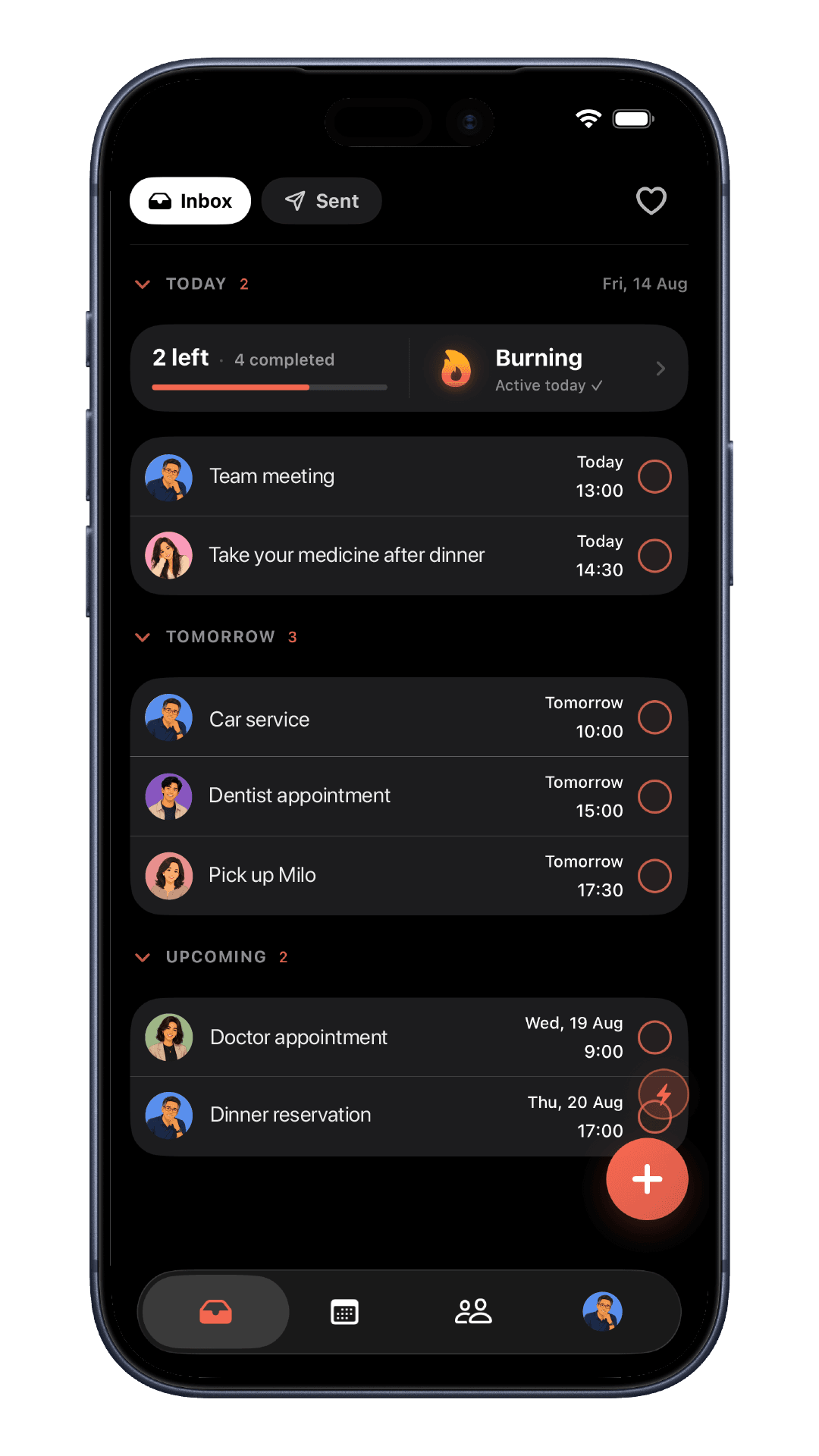The Remimo inbox with personal and shared reminders